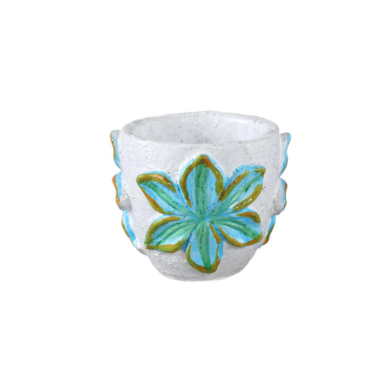 Blumentopf – Runde Form, Zement Material, Blumen Muster, Blaue Oberfläche, XS – Blomme | PTMD