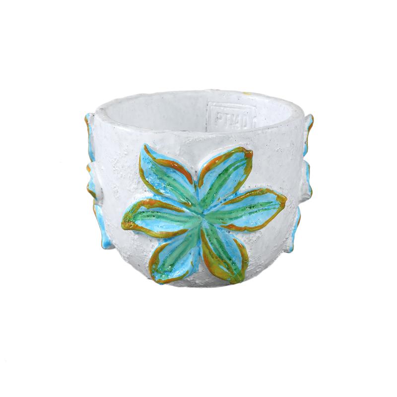 Blumentopf – Runde Form, Zement Material, Blumen Muster, Blaue Oberfläche, S – Blomme | PTMD
