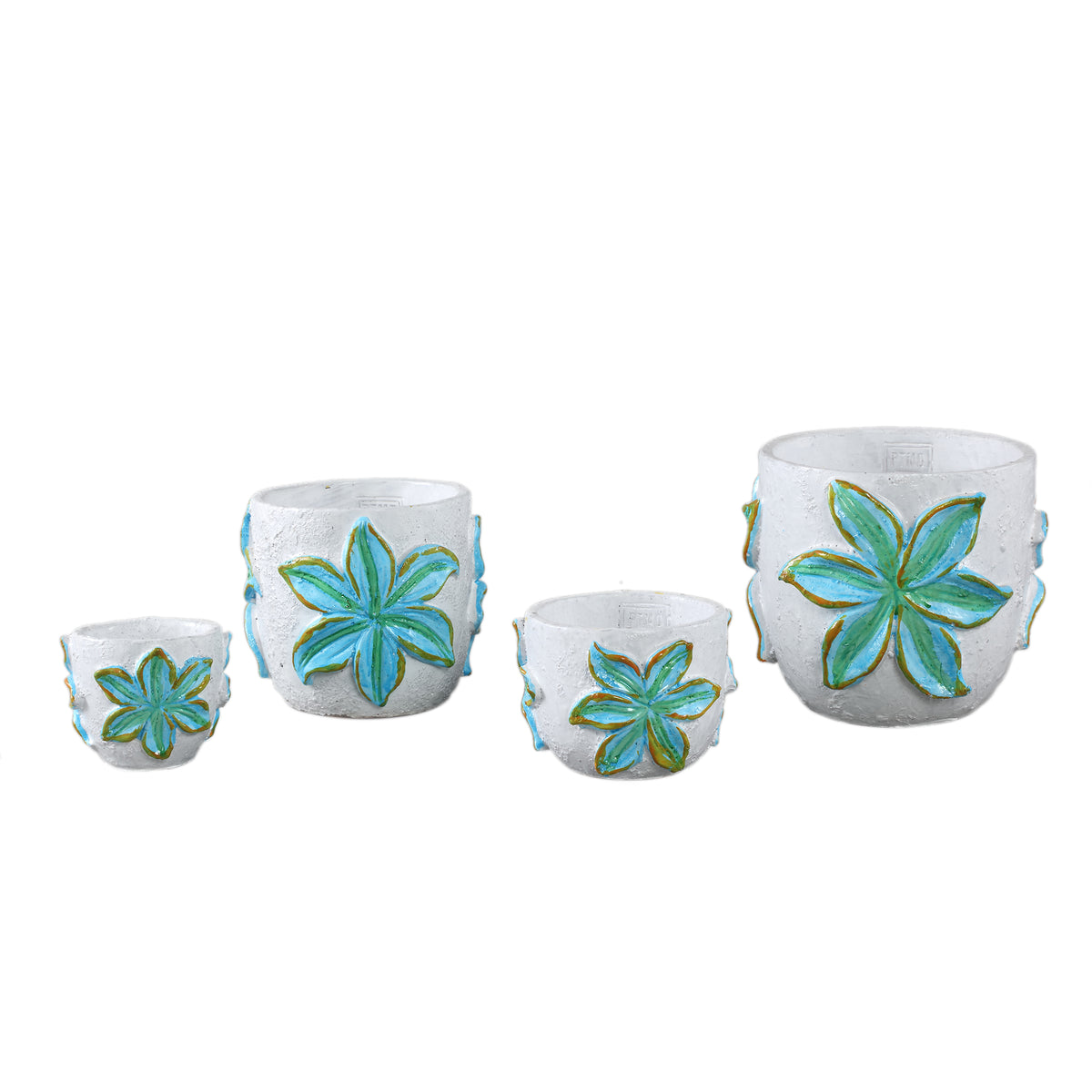 Blumentopf – Runde Form, Zement Material, Blumen Muster, Blaue Oberfläche, L – Blomme | PTMD