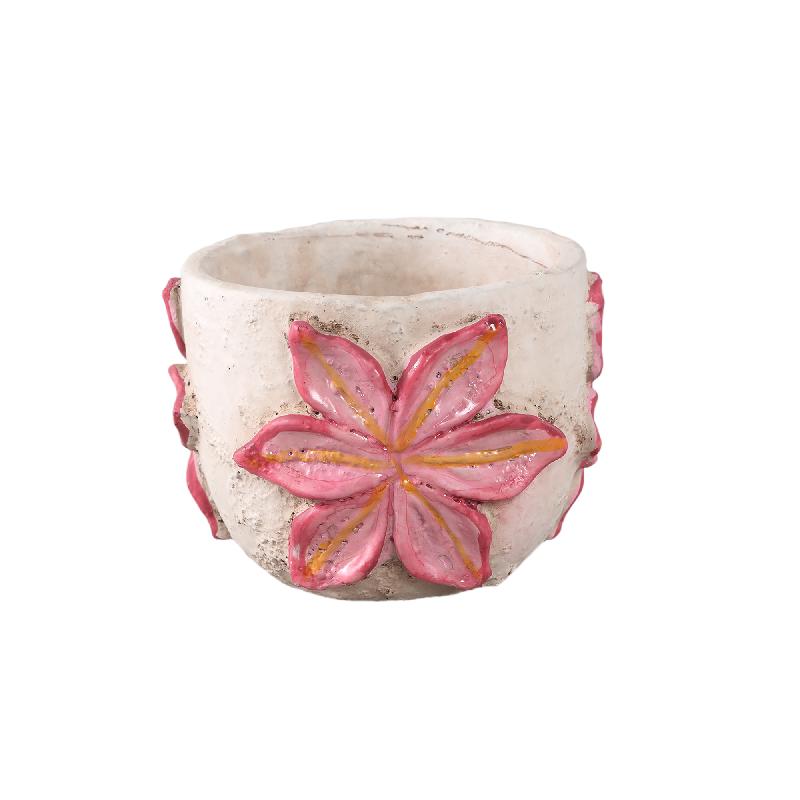 Blumentopf – Runde Form, Zement Material, Blumen Muster, Rosa Oberfläche, S – Blomme | PTMD