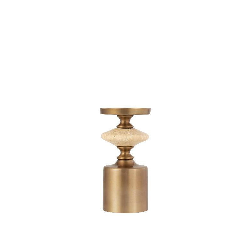 Candlestick - Brass-look Finish, Travertine Base, Round Design, S - Nikolaos | PTMD