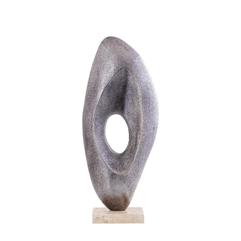 Statue - cast aluminum, silver-colored nickel look, travertine marble base, L - Kellaine | PTMD