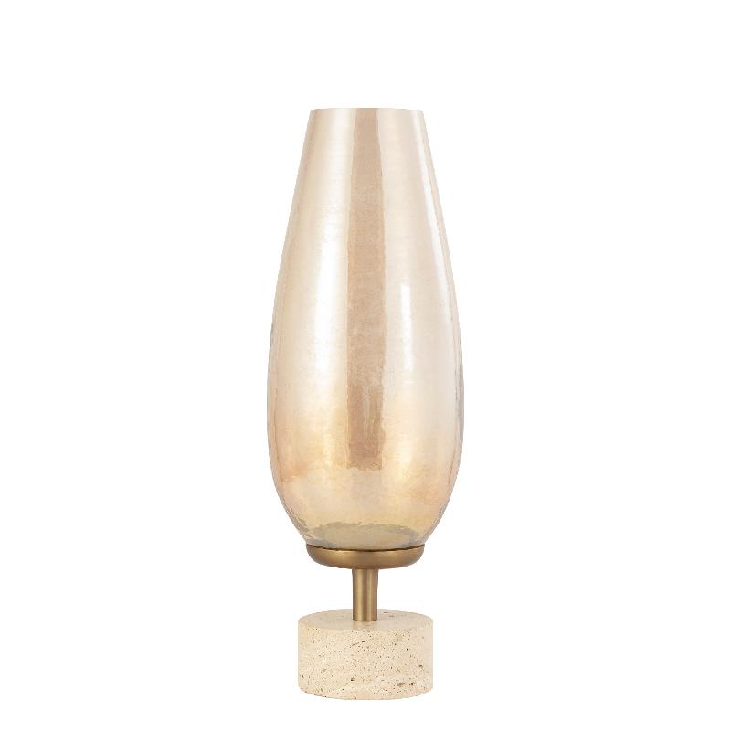 Hurricane Lamp – Gold-colored Frame, Lustre Glass Top, Travertine Stone Base, L – Sajeth | PTMD