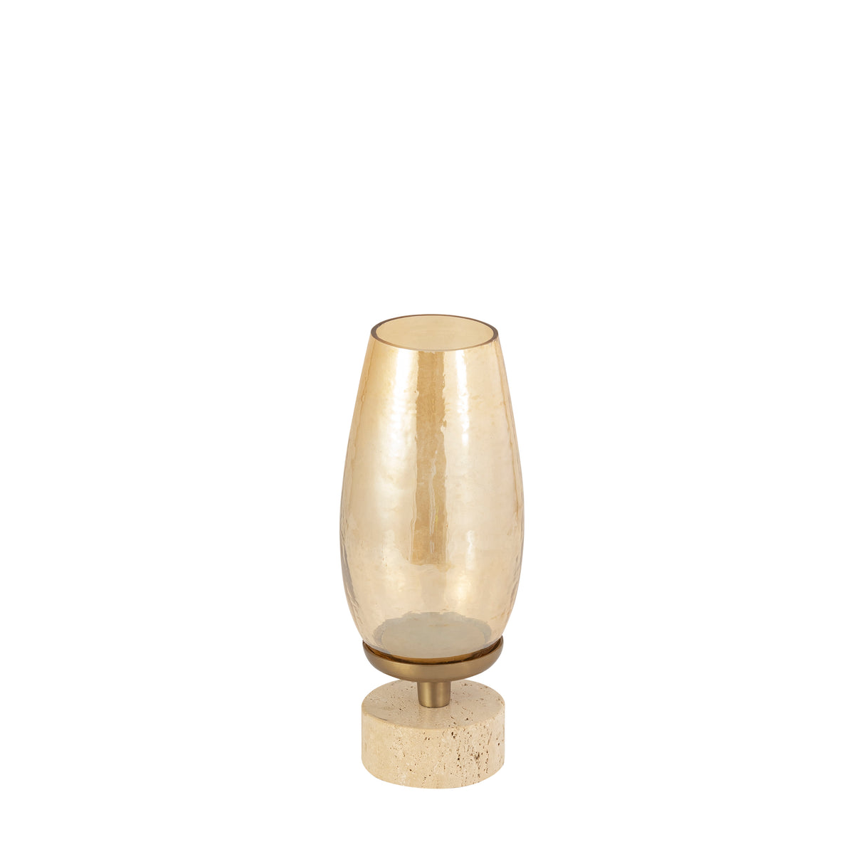 Hurricane Lantern – Gold-colored Frame, Luster Glass Attachment, Travertine Base, S – Sajeth | PTMD