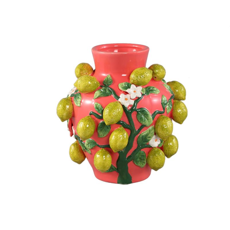 Vase – Pink color, lemon motif, branch design, ceramic – Stacy | PTMD
