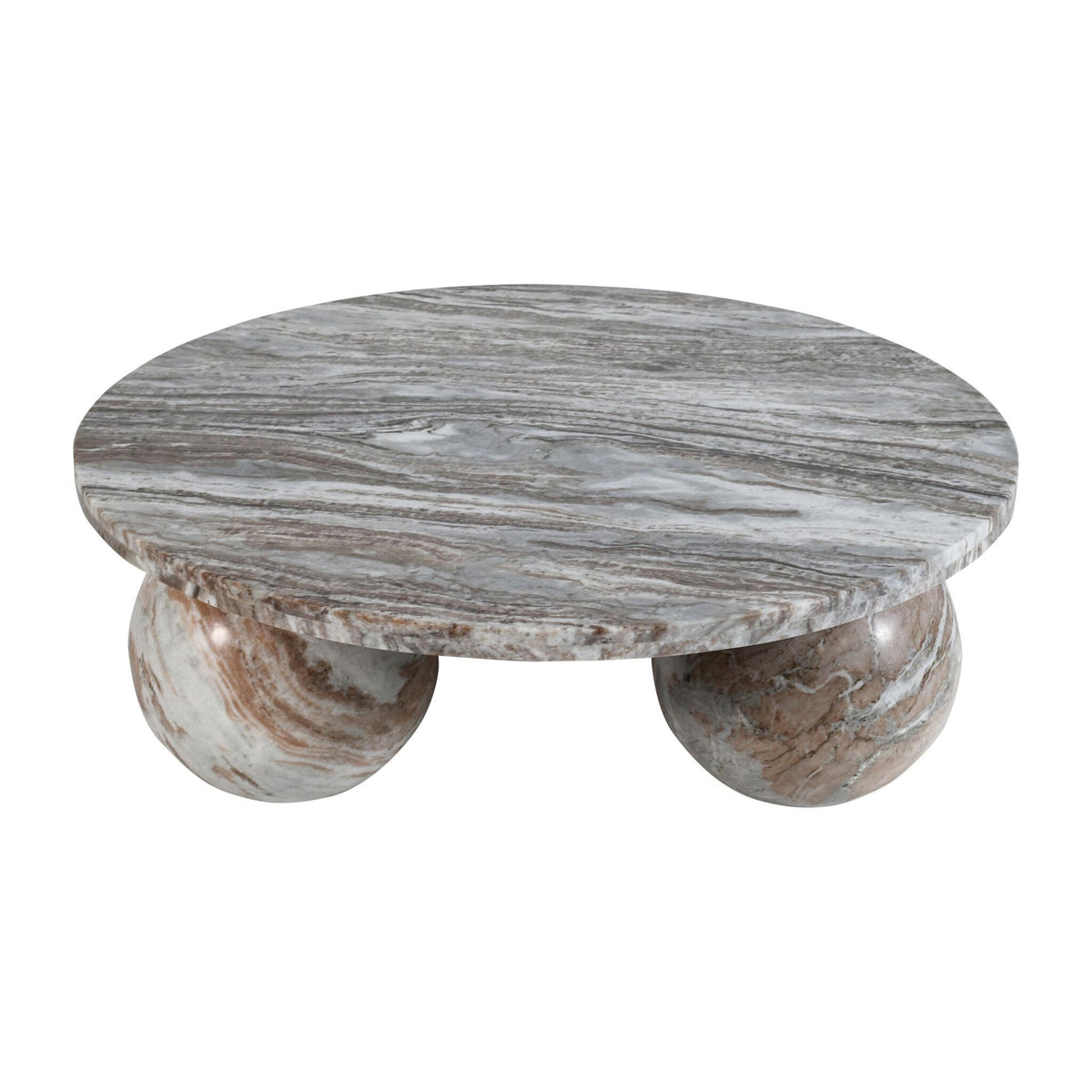 Coffee table – Marble, round, beige/natural, 3-sphere base, sculptural design – Diro | PTMD