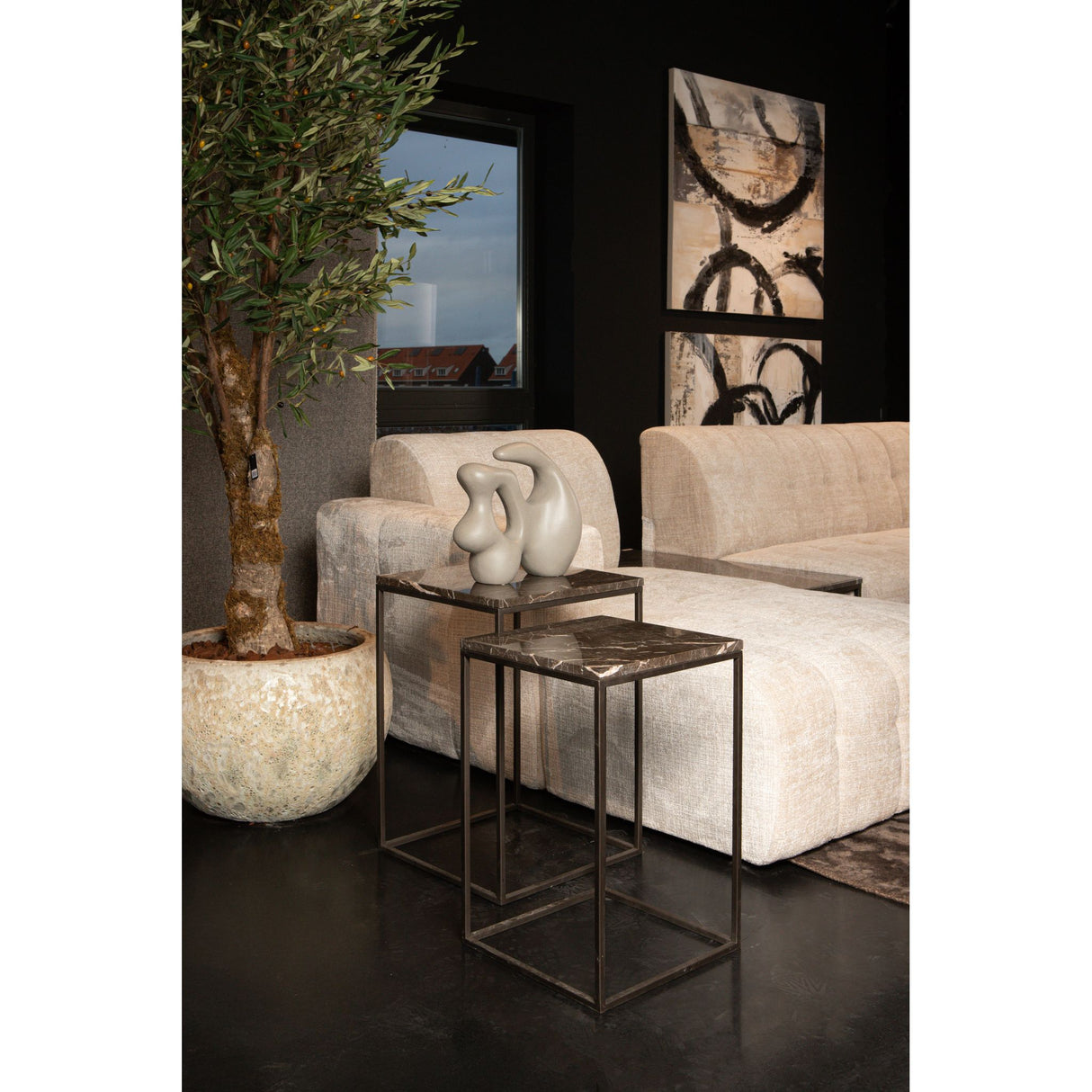 Side Table Set (2-Piece) – Brown Marble, Round, Natural Stone Look, Heavy Design – Volos | PTMD
