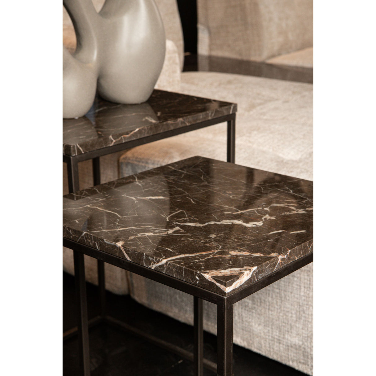 Side Table Set (2-Piece) – Brown Marble, Round, Natural Stone Look, Heavy Design – Volos | PTMD