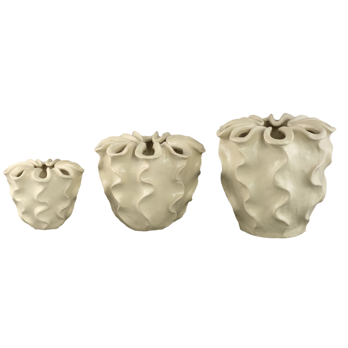 Plant pot – Cream-coloured surface, Matte surface, Wavy pattern, Stoneware, S – Rudie | PTMD