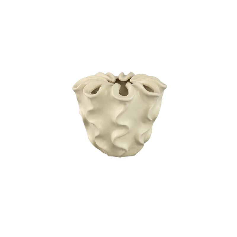 Plant pot – Cream-coloured surface, Matte surface, Wavy pattern, Stoneware, S – Rudie | PTMD