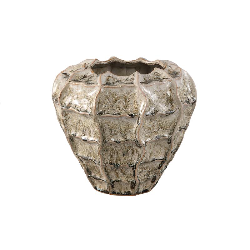 Pot – Cream-colored surface, Round shape, Wavy structure, Stoneware, L – Cedric | PTMD