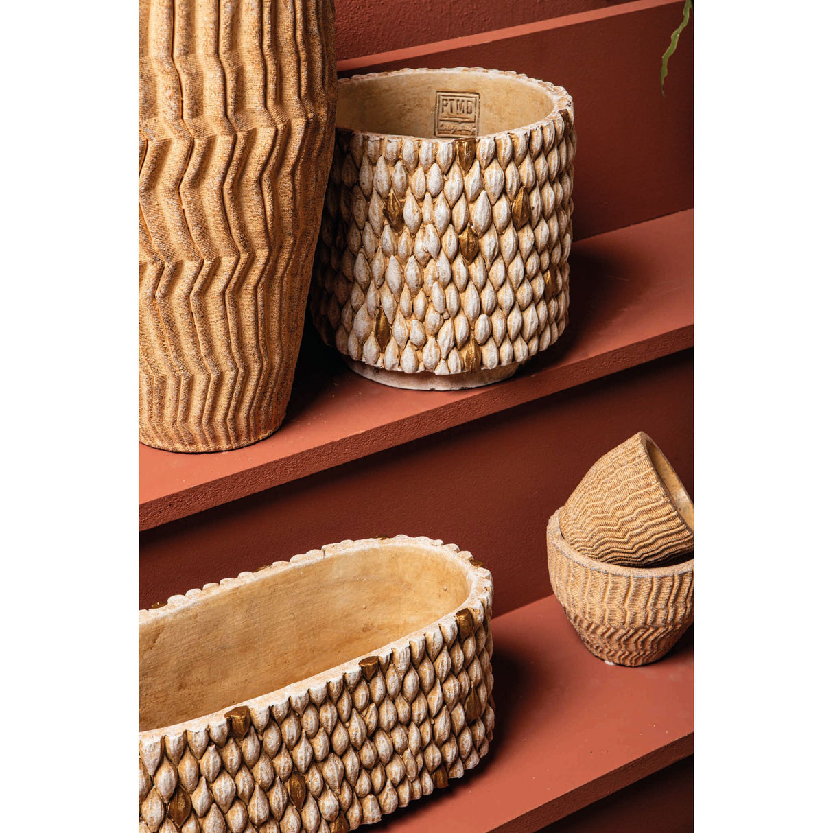 Blumentopf - Runder Zement, Golddetails, Cremefarbe, L – Hilla | PTMD