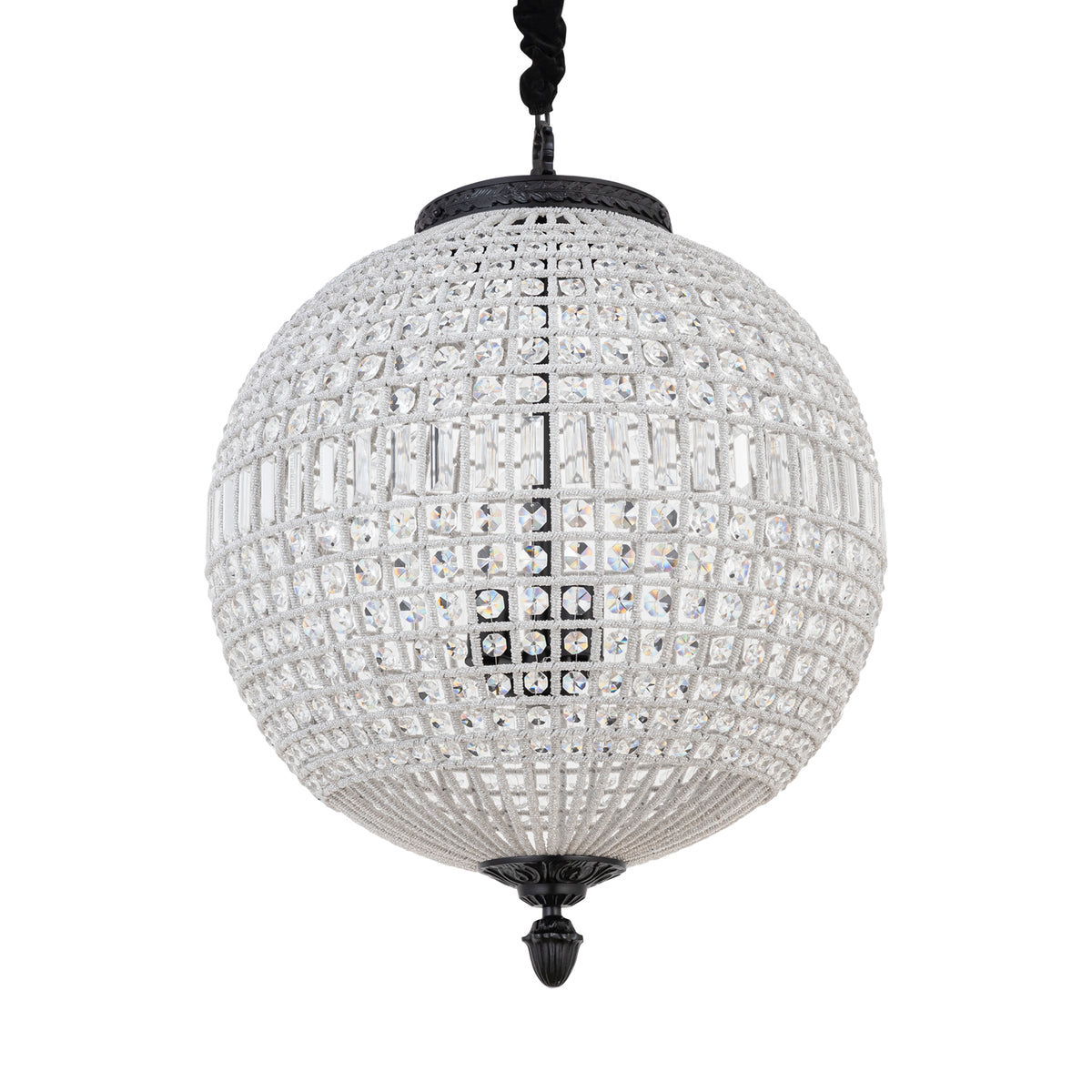 Pendant lamp made of crystal, glass and metal, globe design, anthracite-colored look, with canopy, L – Jaris | PTMD