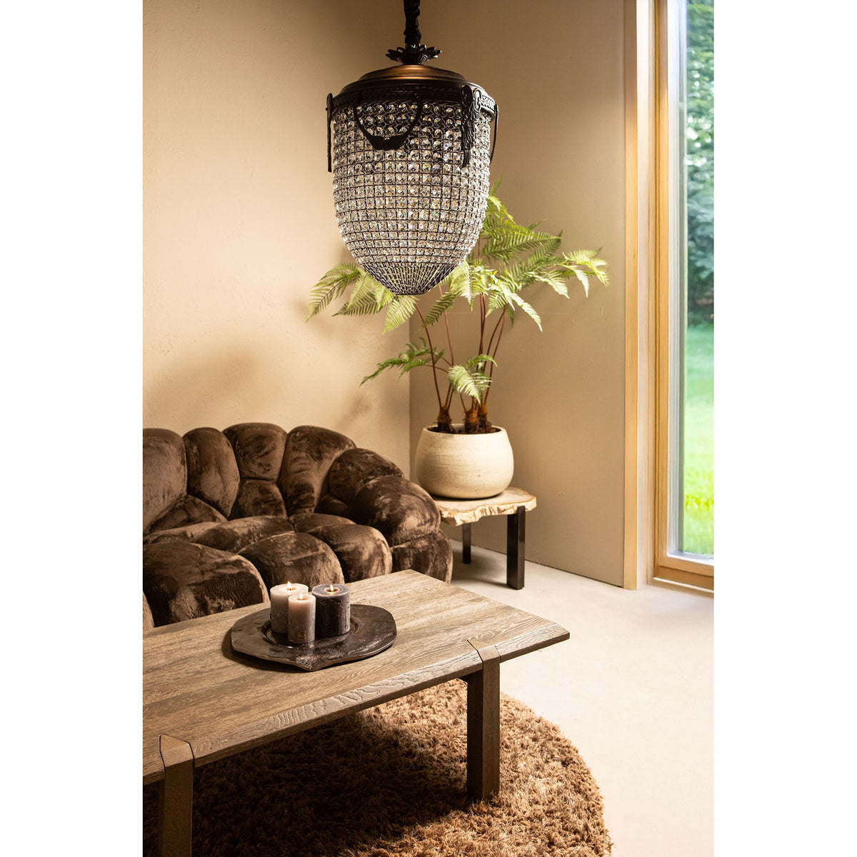 Pendelleuchte aus Kristall, Glas und Metall, ovales Klassik-Design, anthrazitfarbene Optik, mit Baldachin, S – Lidde | PTMD