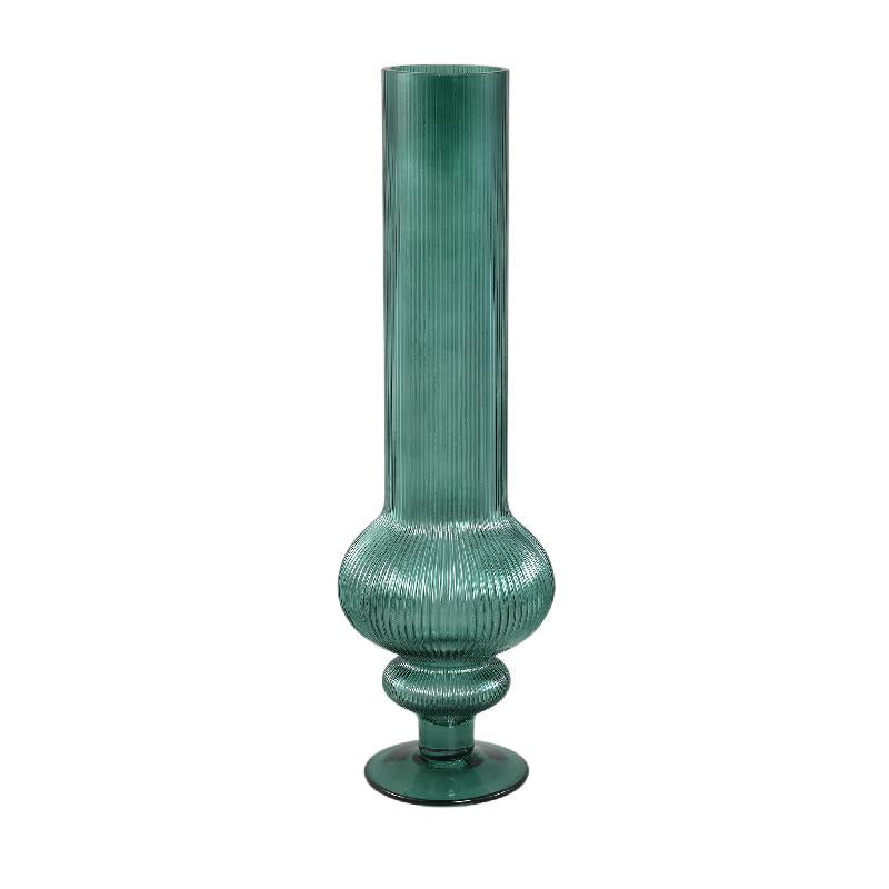 Vase - Dark Green Glass, Ribbed Surface, Round Shape, L - Keala | PTMD