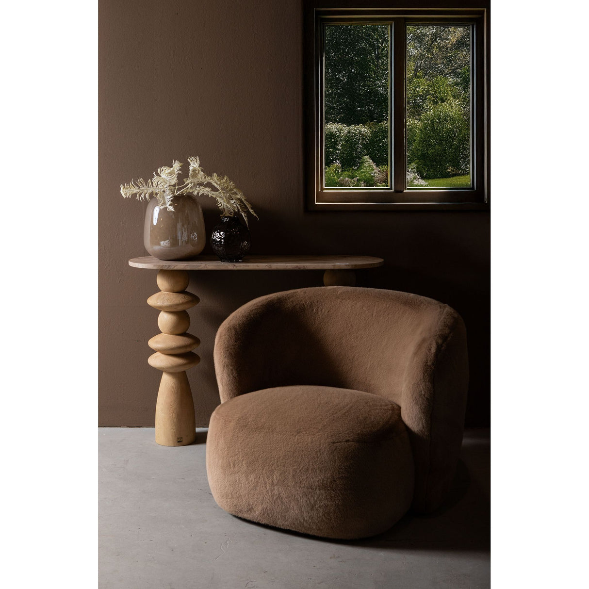 Armchair – Faux Fur Fabric Upholstery, Mocha Finish, Padded Seat – Aphrodite | PTMD