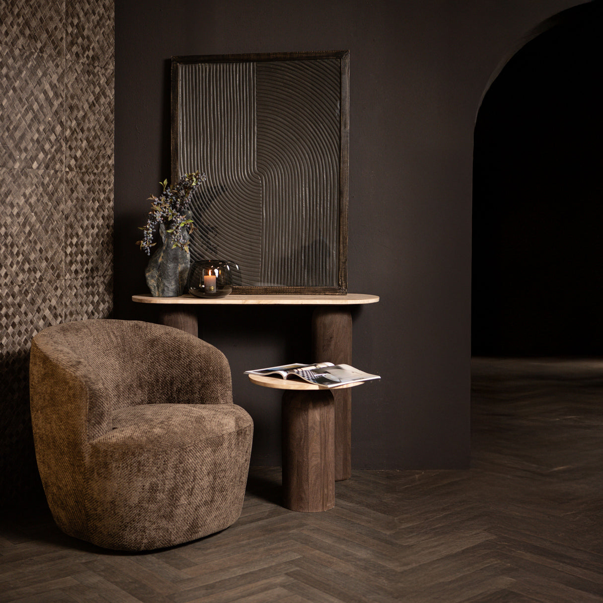 Armchair – Eden Fabric Upholstery, Brown Finish, Upholstered Seat – Grasa | PTMD