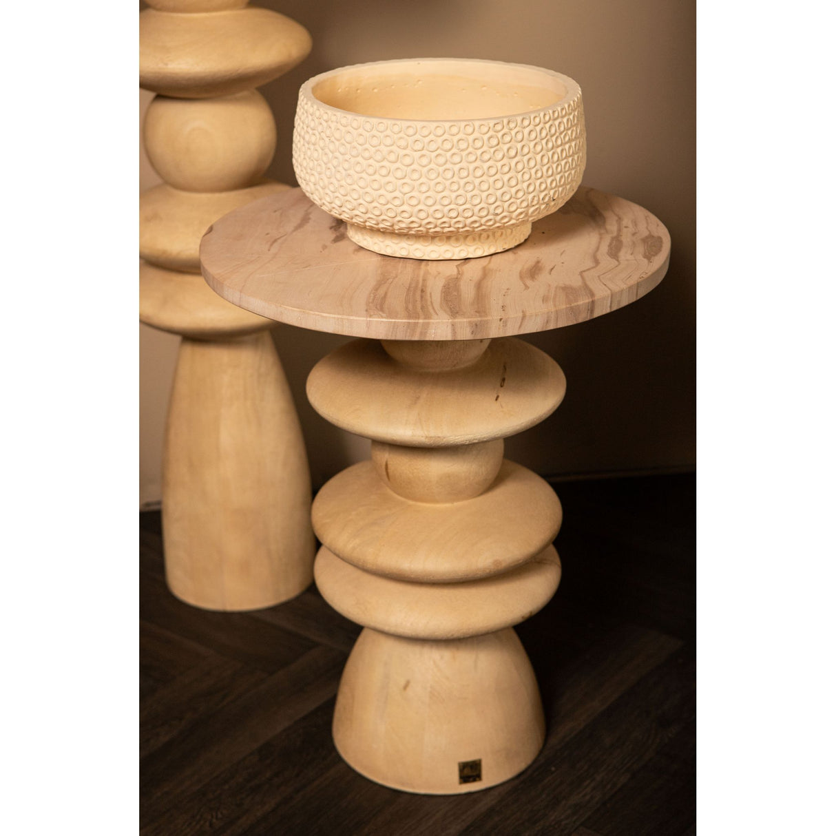 Side Table - Mango Wood, Natural Tone, Marble Top, Round Shape, Solid Look, S – Callain | PTMD