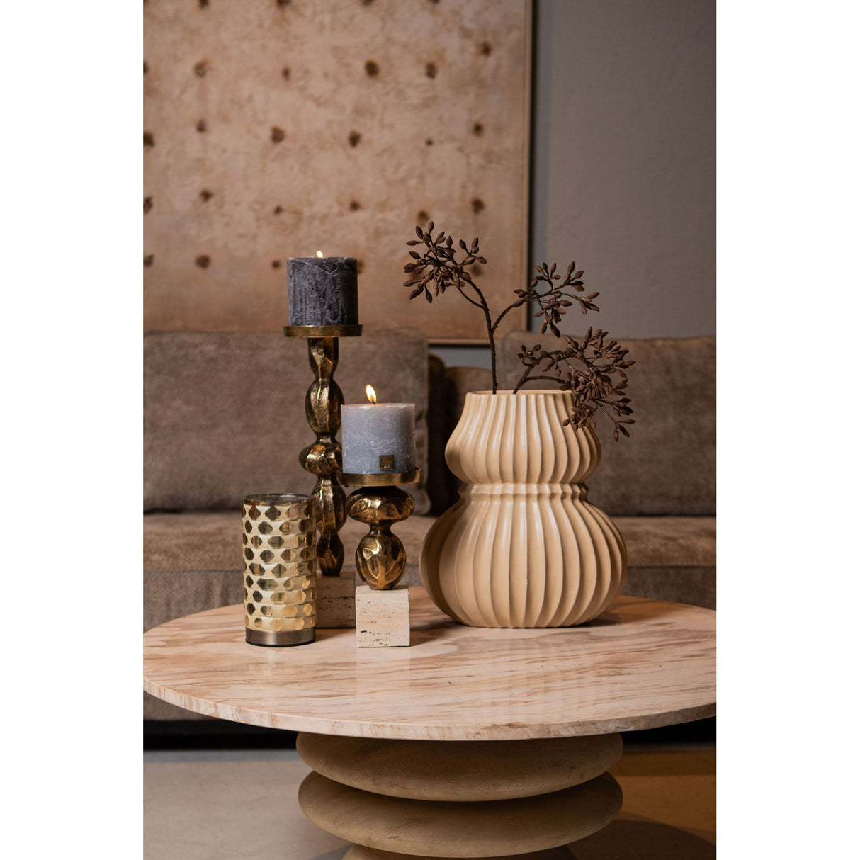 Candlestick – Gold-colored Cast Aluminum, Travertine Base, Slim Shape, S – Malines | PTMD