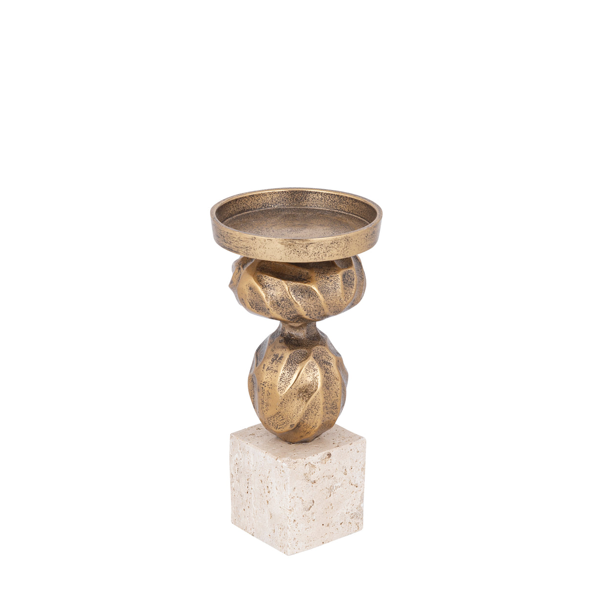 Candlestick – Gold-colored Cast Aluminum, Travertine Base, Slim Shape, S – Malines | PTMD