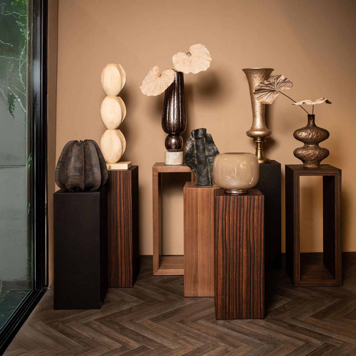 Pedestal - with open rectangle design, dark wood veneer, semi-handcrafted - Tiess | PTMD