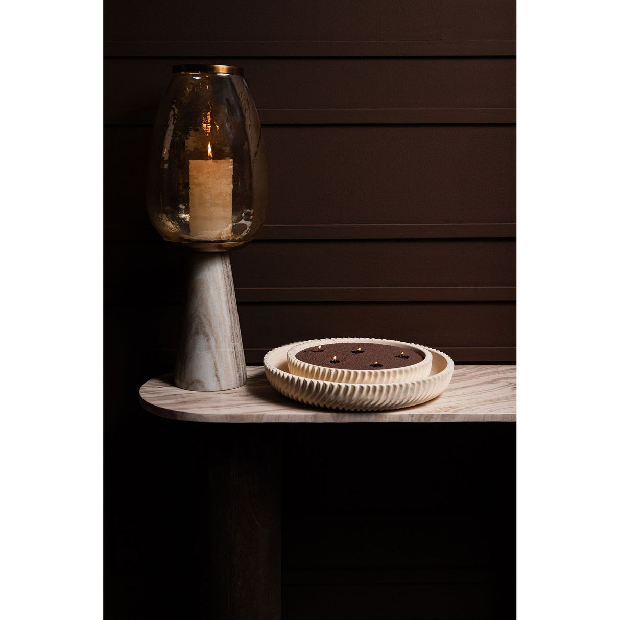 Decorative Bowl - Round Shape, Line Pattern Design, Cream Finish, Cement Material, S - Lianna | PTMD