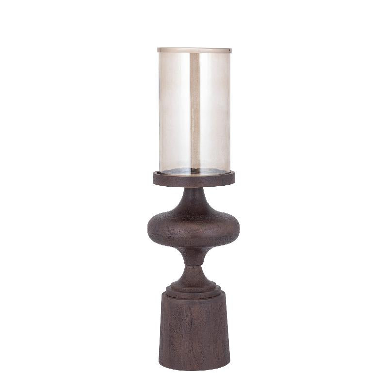 Kerzenständer – Mangoholz Sockel, Glas Zylinder, Braune Farbgebung, L – Wertin | PTMD