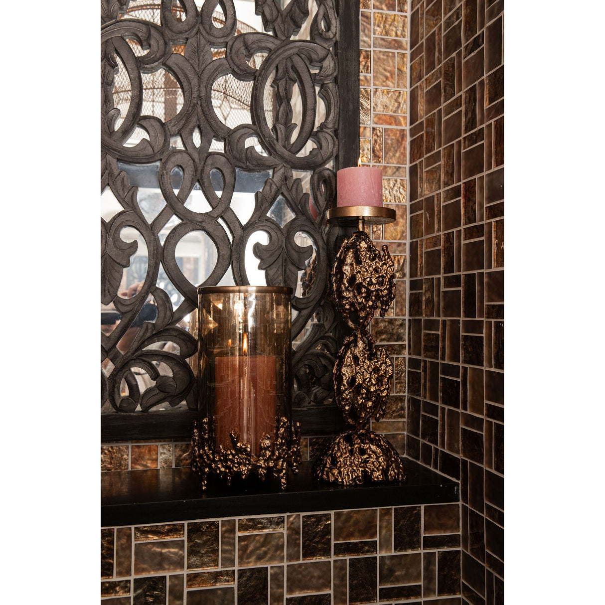 Candle holder – Brown Gold-colored Aluminum, Rough Texture, Round Shape, L – Barrie | PTMD