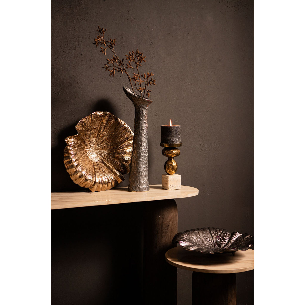 Bowl - aluminum, leaf design, wave structure, oval, brown-gold finish, handmade – Losh | PTMD