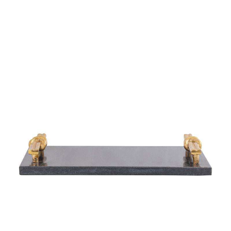 Tablett - Marmor, schwarz, rechteckig, goldfarbener Knoten-Griff, S – Aimie | PTMD