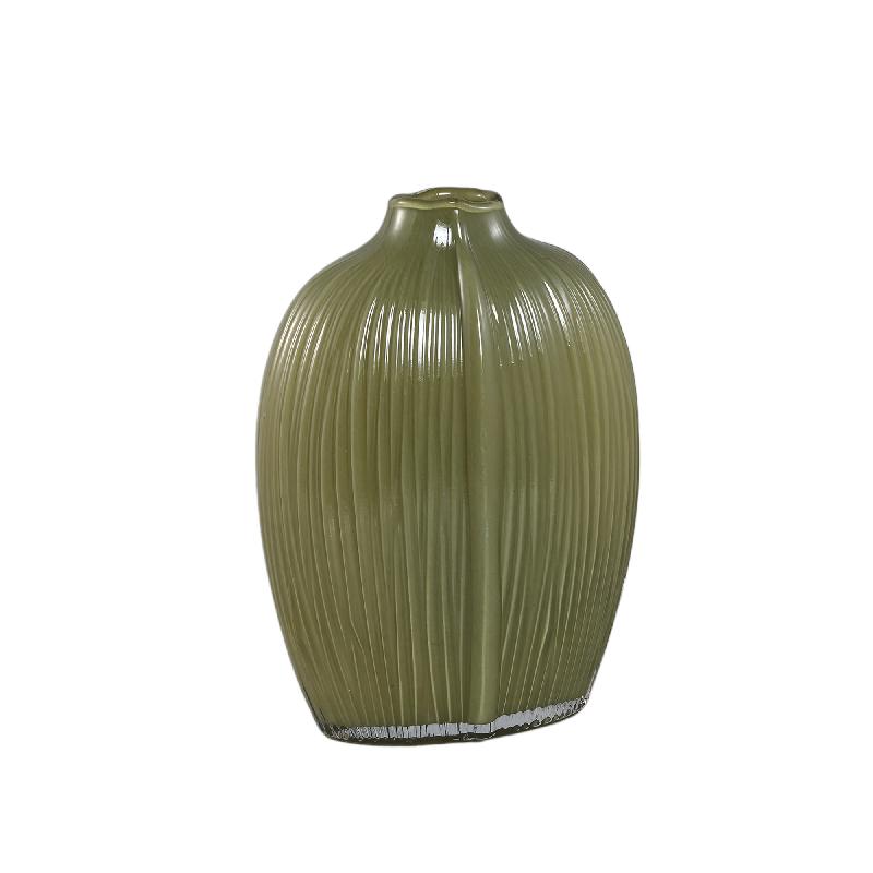 Vase – Olive Glass, Oval Shape, Ribbed Surface, Tall – Jalisia | PTMD