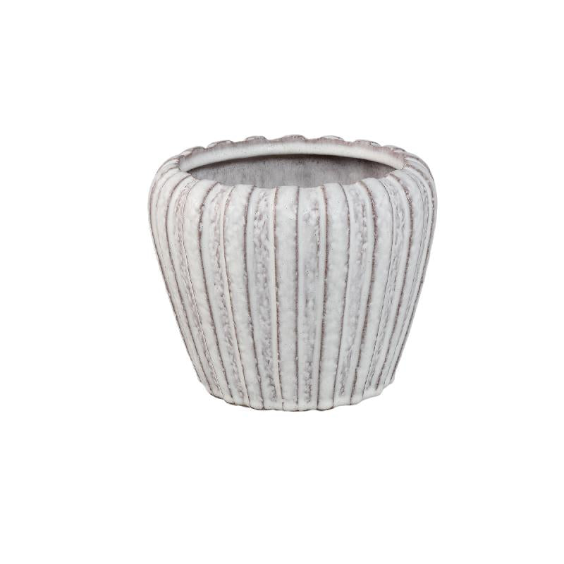 Pot – White color, Vertical ribbed structure, Round shape, Stoneware ceramic, S – Mirei | PTMD