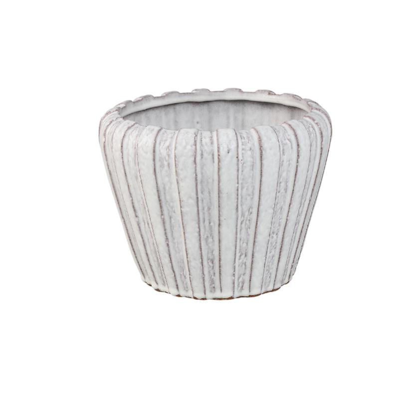Pot – White color, Vertical ribbed structure, Round shape, Stoneware ceramic, M – Mirei | PTMD