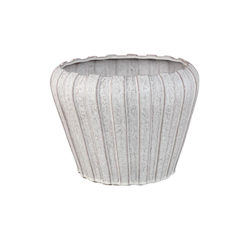 Pot – White color, Vertical ribbed structure, Round shape, Stoneware ceramic, L – Mirei | PTMD