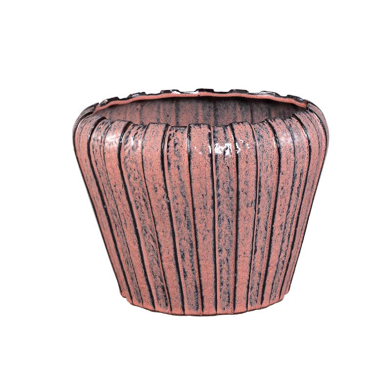 Pot – Pink color, Vertical groove structure, Round shape, Stoneware ceramic, L – Mirei | PTMD