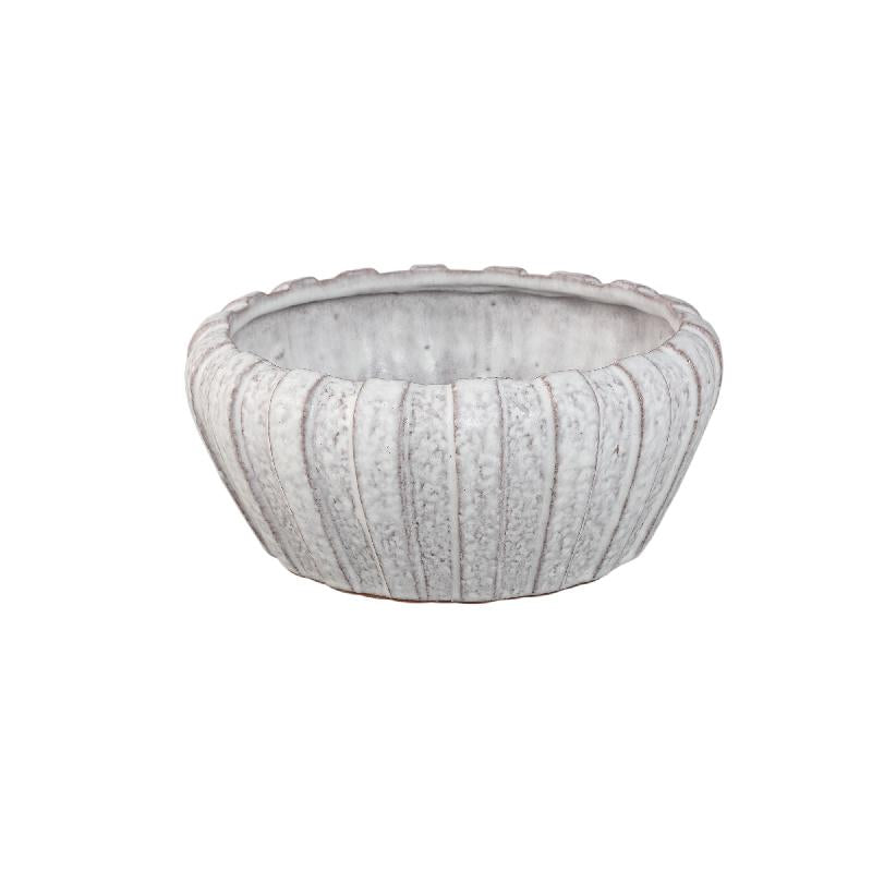 Flower Pot – White Color, Vertical Ribbed Structure, Round Shape, Stoneware, S – Mirei | PTMD