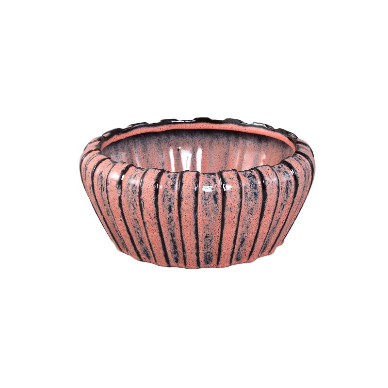 Pot – Pink Color, Vertical Ribbed Structure, Round Shape, Stoneware Ceramic, S – Mirei | PTMD