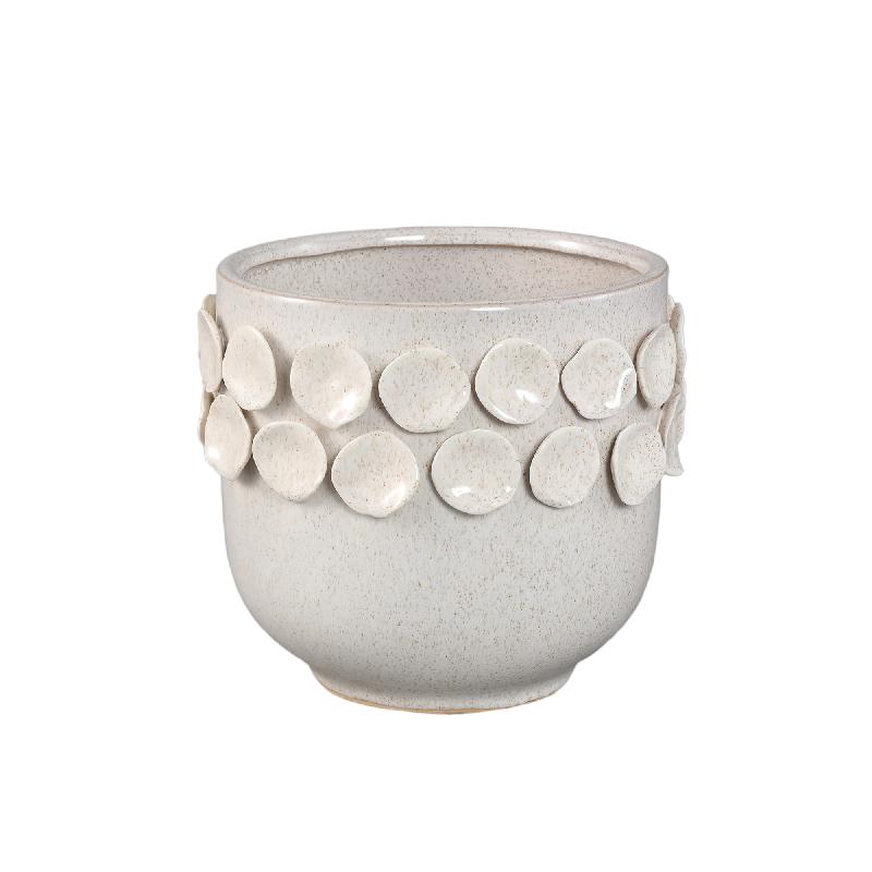 Pot – White, Round Shape, Dotted Pattern on Rim, Stoneware Ceramic, M – Trelin | PTMD