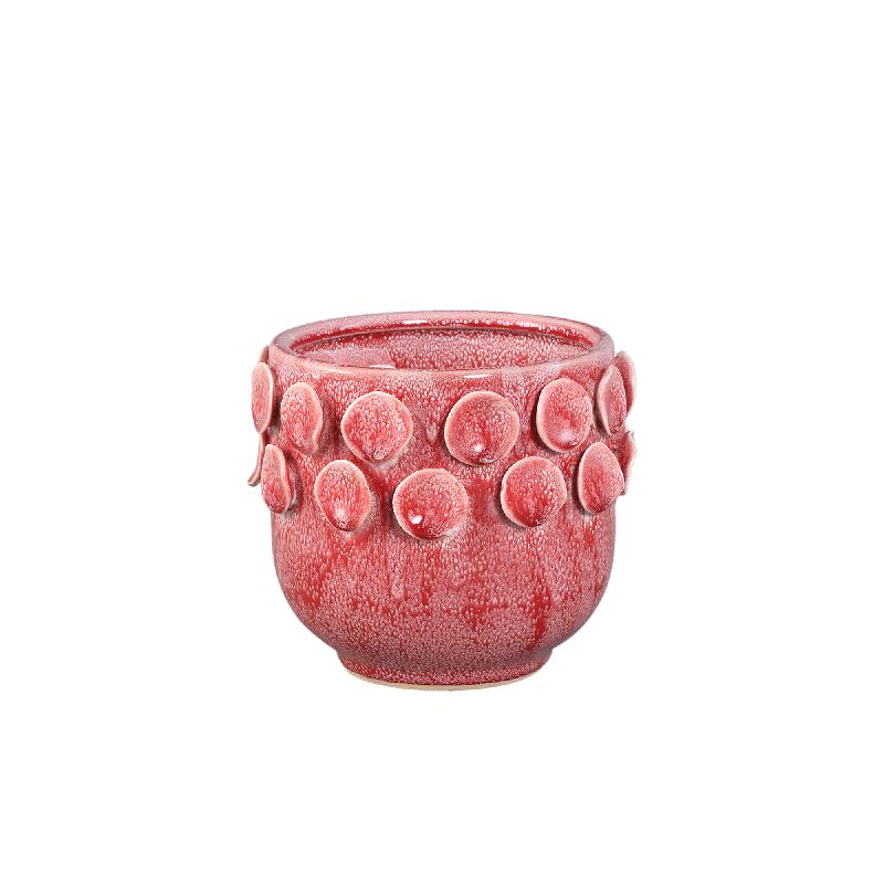 Pot – Bright pink, Round shape, Dotted pattern on rim, Stoneware ceramic, XS – Trelin | PTMD