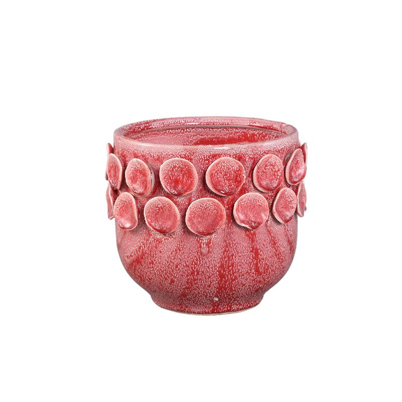Pot – Bright pink color, Round shape, Dotted pattern on the edge, Stoneware ceramic, S – Trelin | PTMD