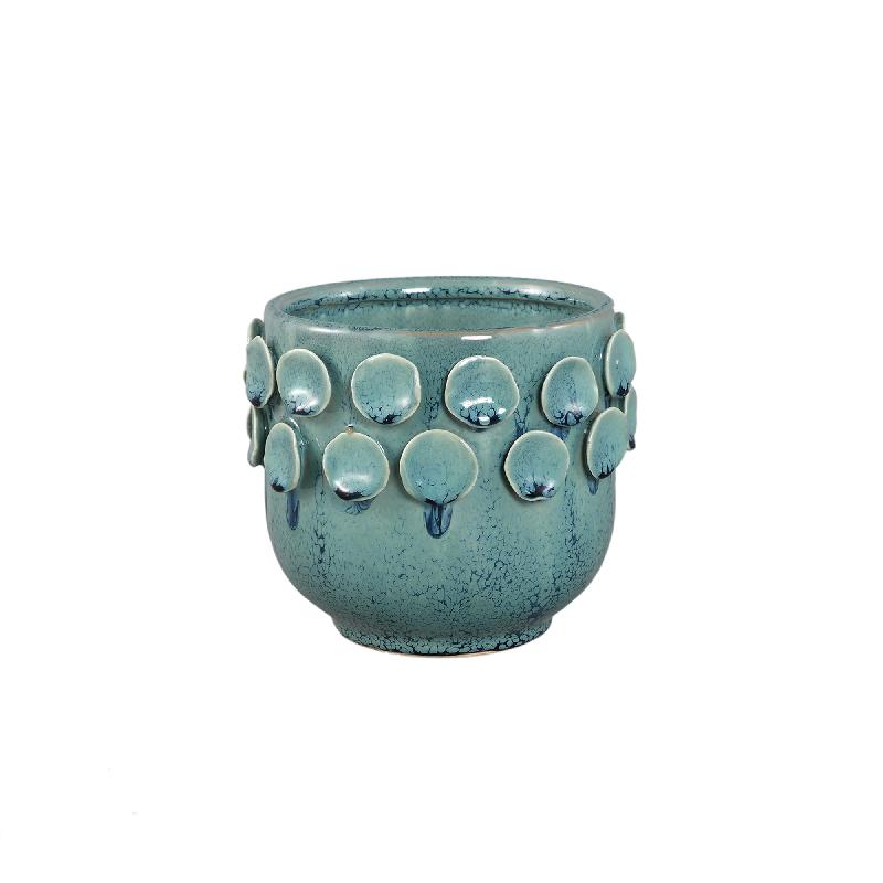 Pot – Turquoise color, Round shape, Dotted pattern on rim, Stoneware, XS – Trelin | PTMD