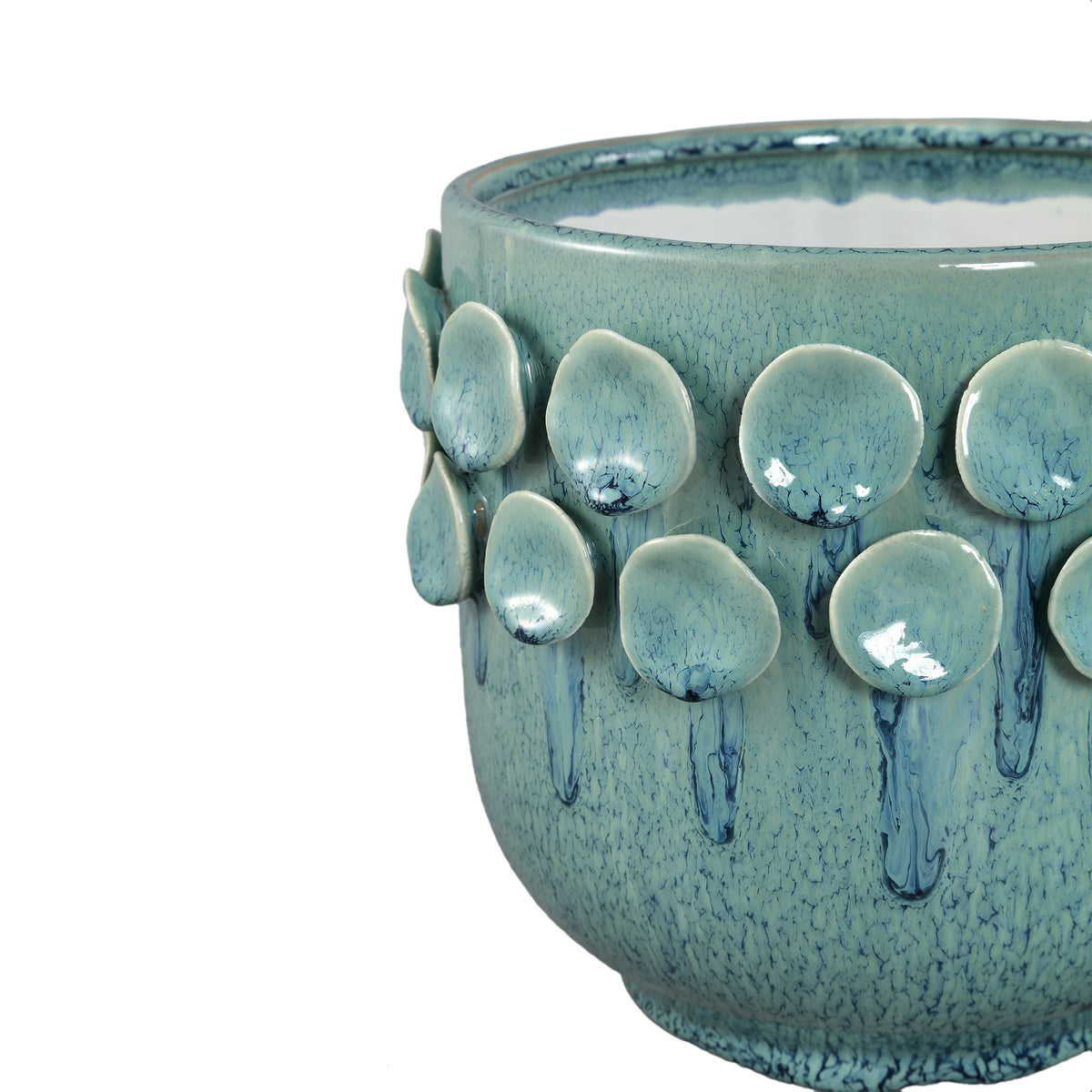 Pot – Turquoise color, Round shape, Dotted pattern on the rim, Stoneware ceramic, M – Trelin | PTMD