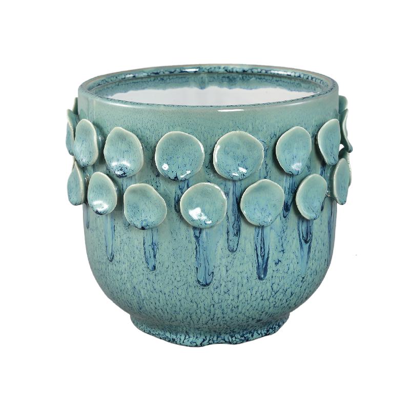 Pot – Turquoise Color, Round Shape, Dotted Pattern on Edge, Stoneware Ceramic, L – Trelin | PTMD