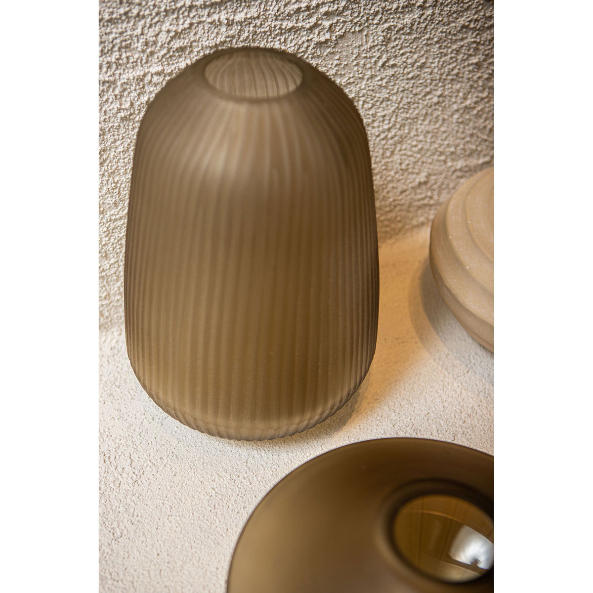 Vase - Brown Glass, Ribbed Surface, Round Shape, M - Marria | PTMD