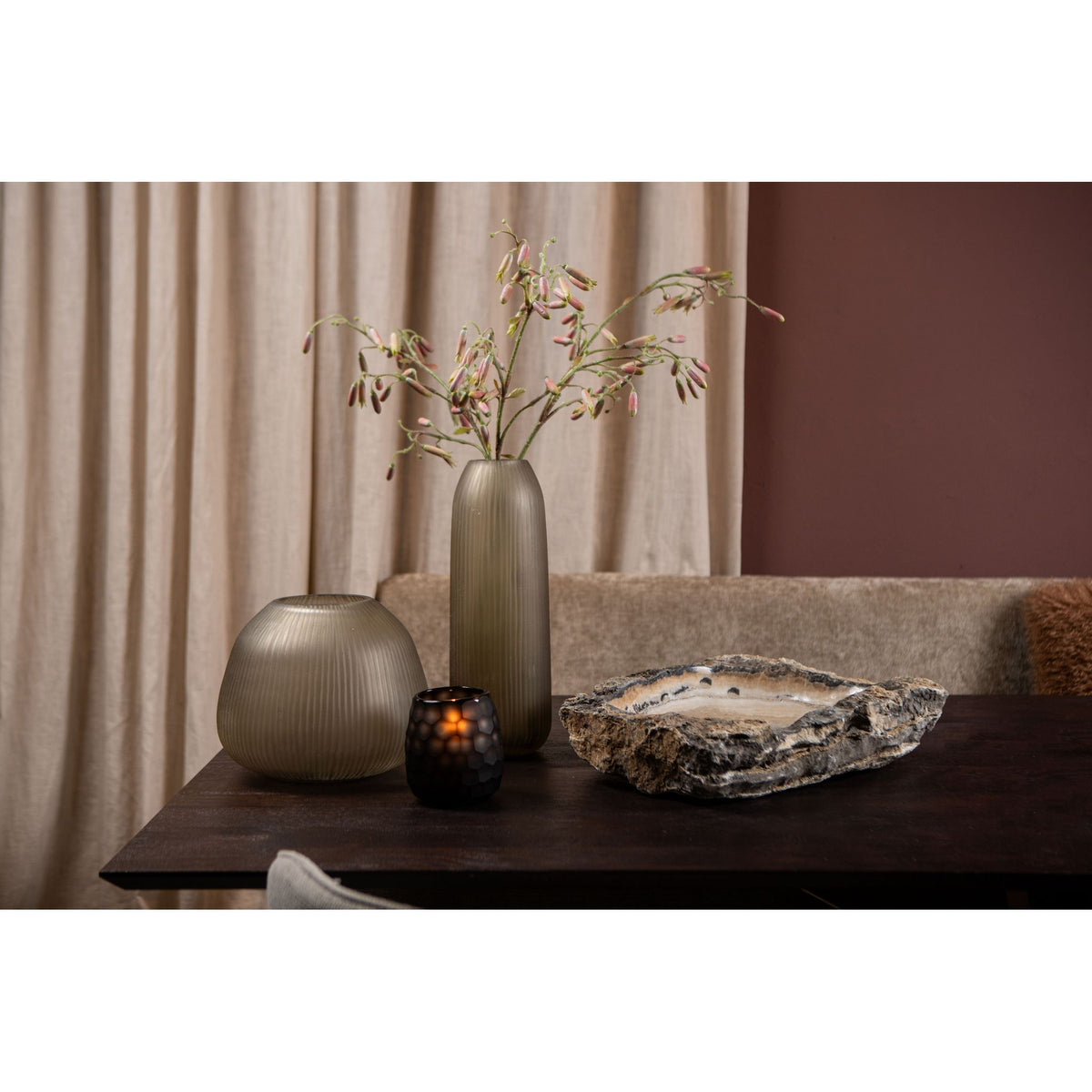 Vase – Brown Glass, Ribbed Surface, Round Shape, S – Marria | PTMD