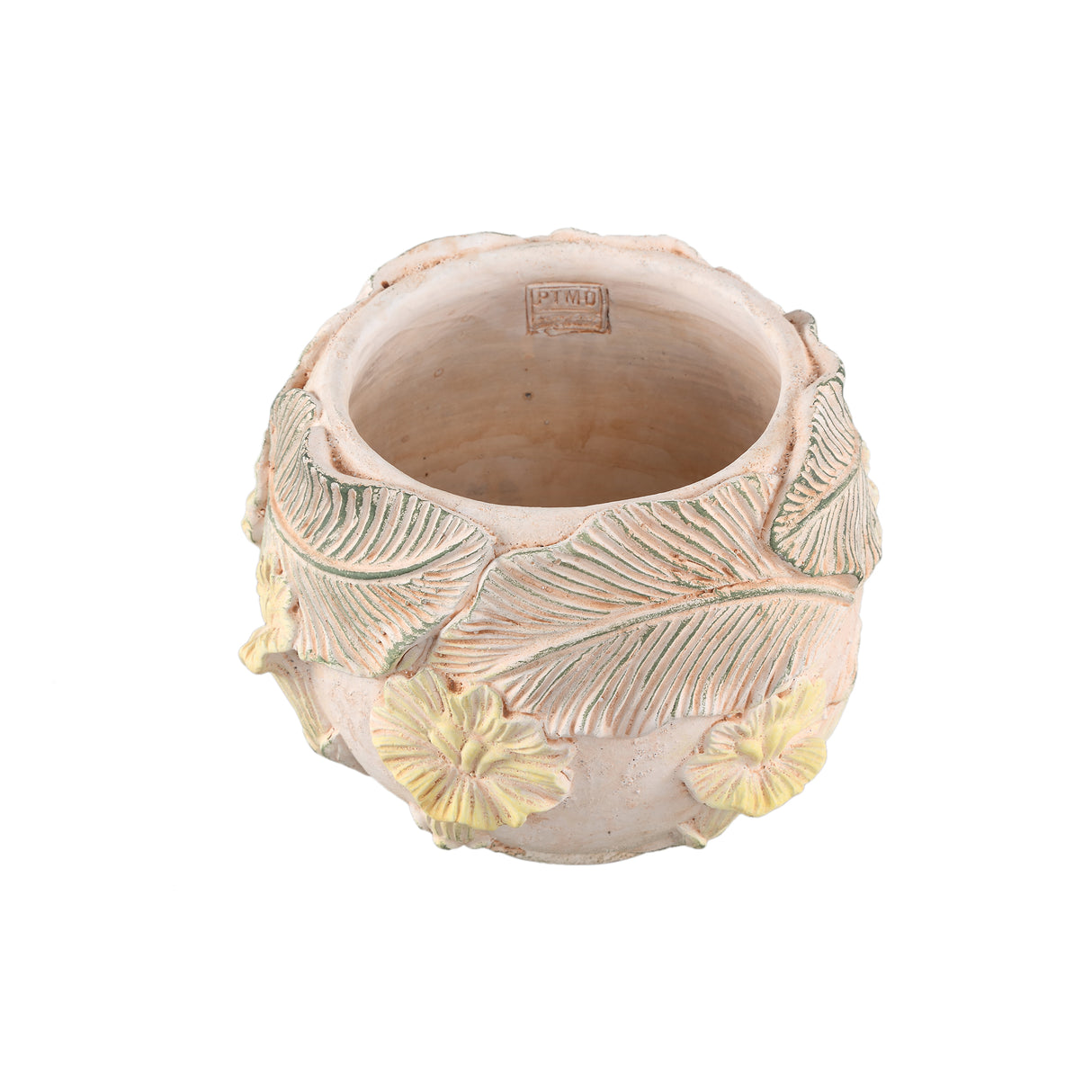 Blumentopf – Runde Form, Zement Material, Blumen Muster, Gelbe Oberfläche, L – Casy | PTMD