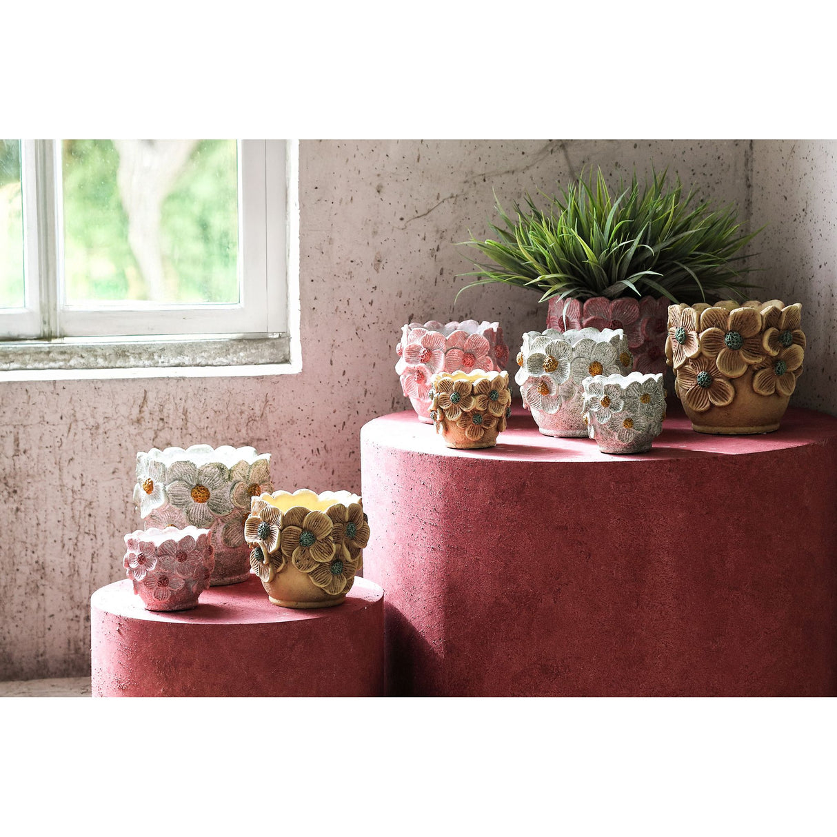 Flowerpot – Round Shape, Cement Material, Flower Rim, Yellow Finish, L – Iesha | PTMD