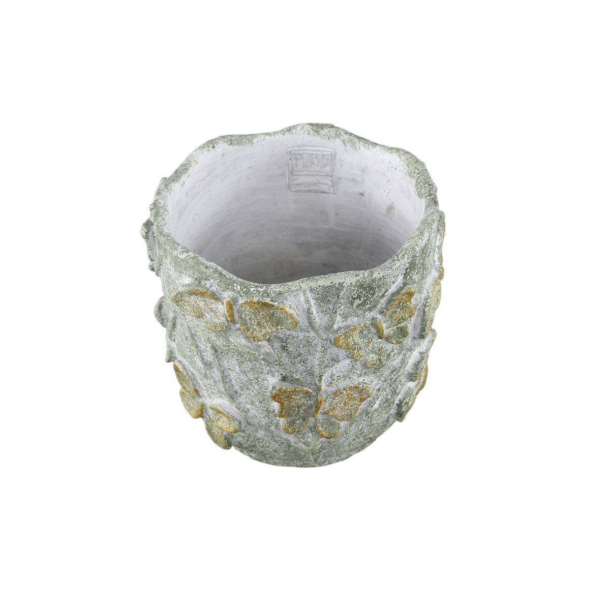 Blumentopf – Runde Form, Zement Material, Schmetterling Muster, Grüne Oberfläche, S – Sterlin | PTMD