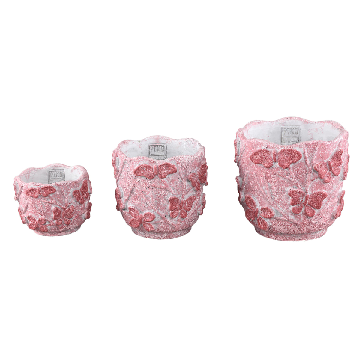 Blumentopf – Runde Form, Zement Material, Schmetterling Muster, Rosa Oberfläche, M – Sterlin | PTMD
