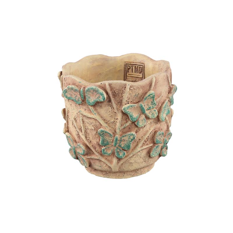 Blumentopf – Runde Form, Zement Material, Schmetterling Muster, Gelbe Oberfläche, M – Sterlin | PTMD